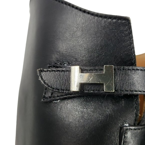 Hermes Tall Black Leather Jumping Boot Silver H Buckle Womens Size 38 Equestrian - Picture 6 of 15
